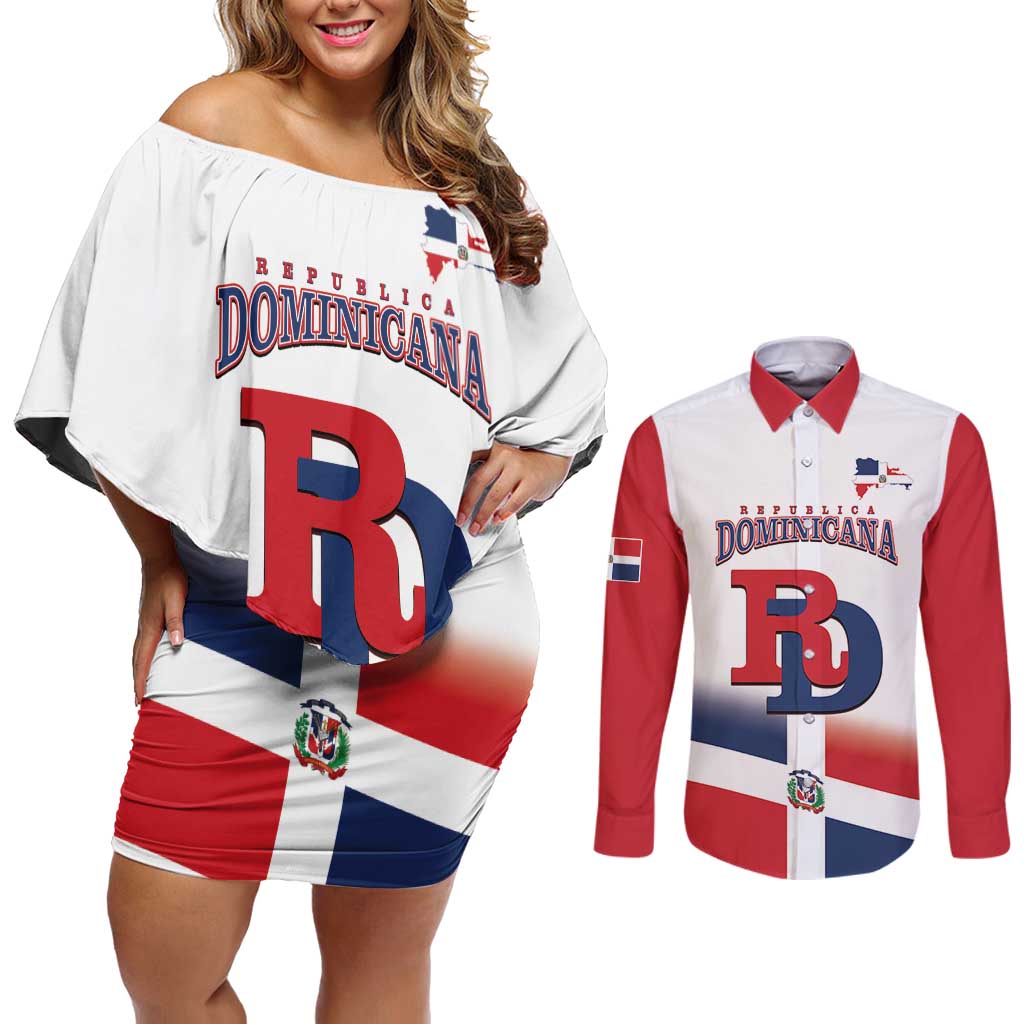 Custom Dominican Republic 2025 Baseball Couples Matching Off Shoulder Short Dress and Long Sleeve Button Shirt Go Champions Flag Style