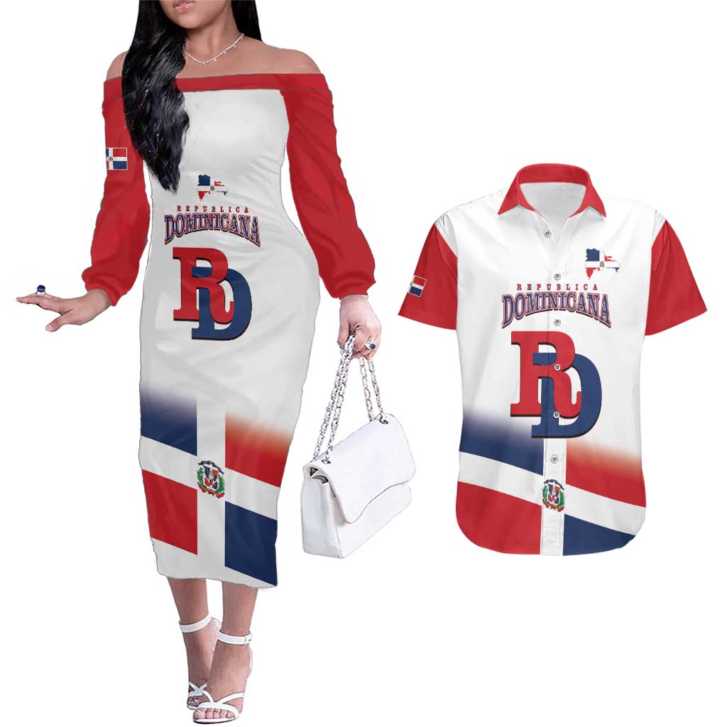 Custom Dominican Republic 2025 Baseball Couples Matching Off The Shoulder Long Sleeve Dress and Hawaiian Shirt Go Champions Flag Style