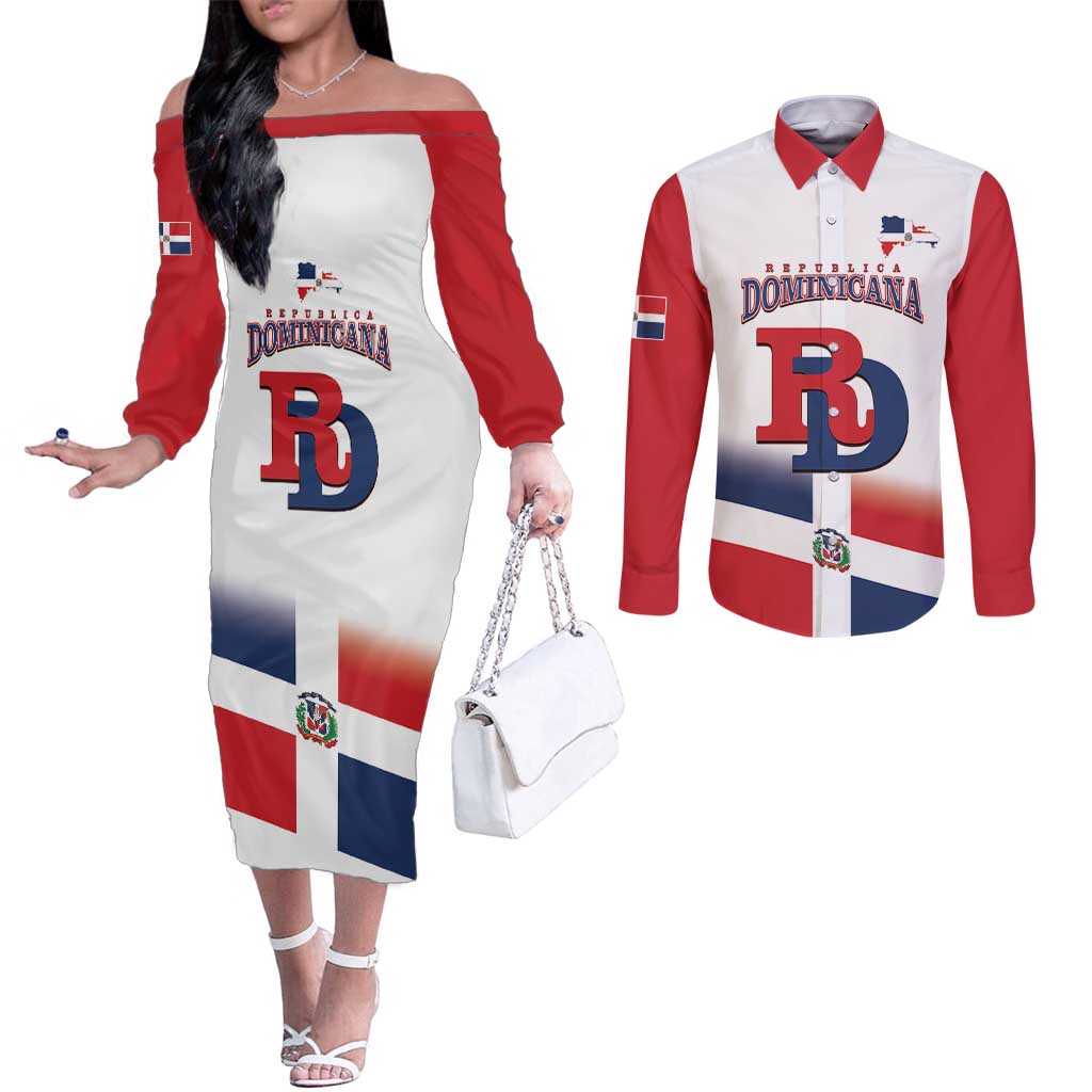 Custom Dominican Republic 2025 Baseball Couples Matching Off The Shoulder Long Sleeve Dress and Long Sleeve Button Shirt Go Champions Flag Style