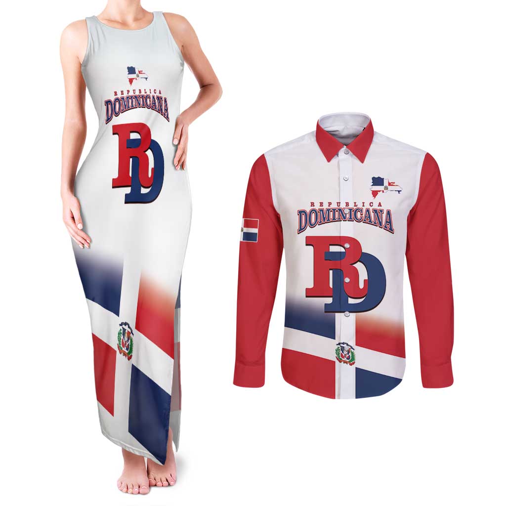 Custom Dominican Republic 2025 Baseball Couples Matching Tank Maxi Dress and Long Sleeve Button Shirt Go Champions Flag Style