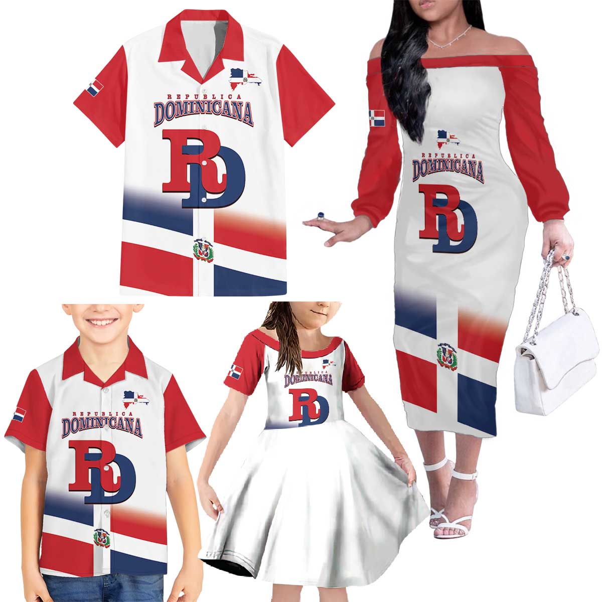 Custom Dominican Republic 2025 Baseball Family Matching Off The Shoulder Long Sleeve Dress and Hawaiian Shirt Go Champions Flag Style