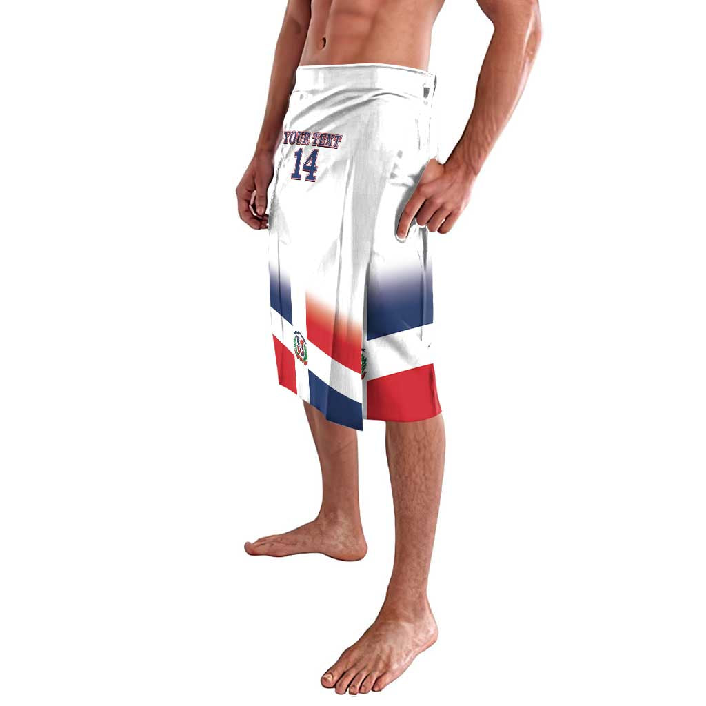 Men's white flag-style shorts with Dominican Republic flag print and number 14, side view
