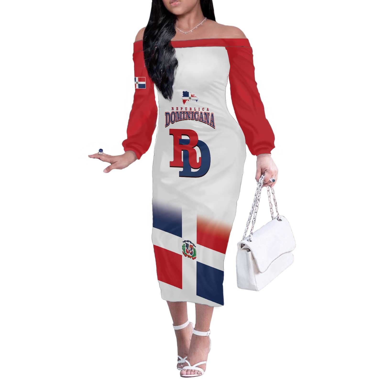 Custom Dominican Republic 2025 Baseball Off The Shoulder Long Sleeve Dress Go Champions Flag Style