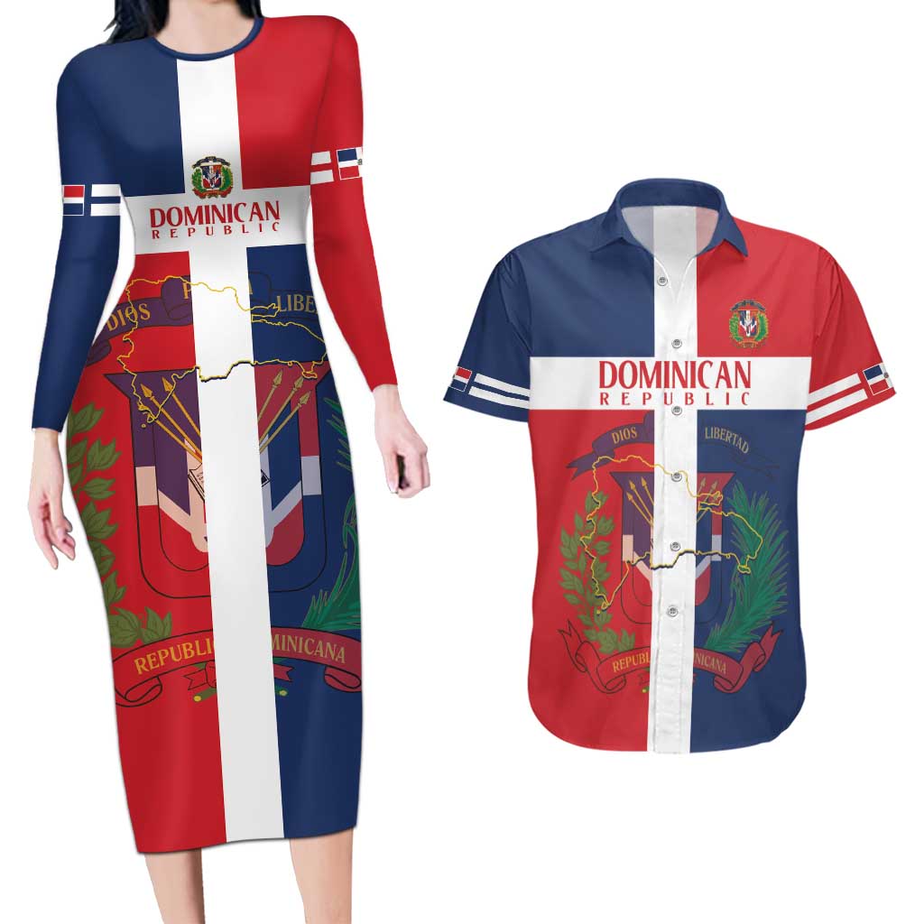 Custom Dominican Republic Football Couples Matching Long Sleeve Bodycon Dress and Hawaiian Shirt Go Champions Flag Style