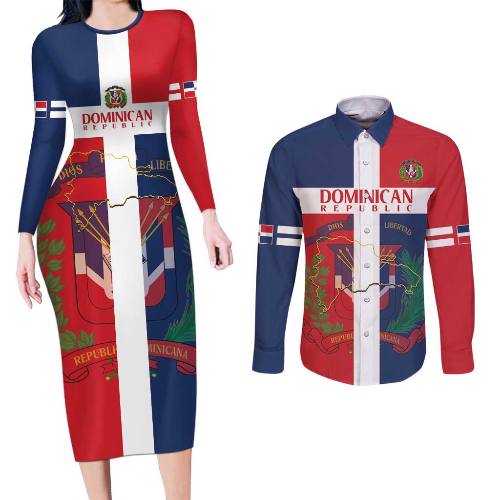 Custom Dominican Republic Football Couples Matching Long Sleeve Bodycon Dress and Long Sleeve Button Shirt Go Champions Flag Style