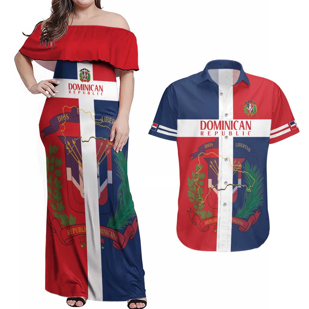 Custom Dominican Republic Football Couples Matching Off Shoulder Maxi Dress and Hawaiian Shirt Go Champions Flag Style