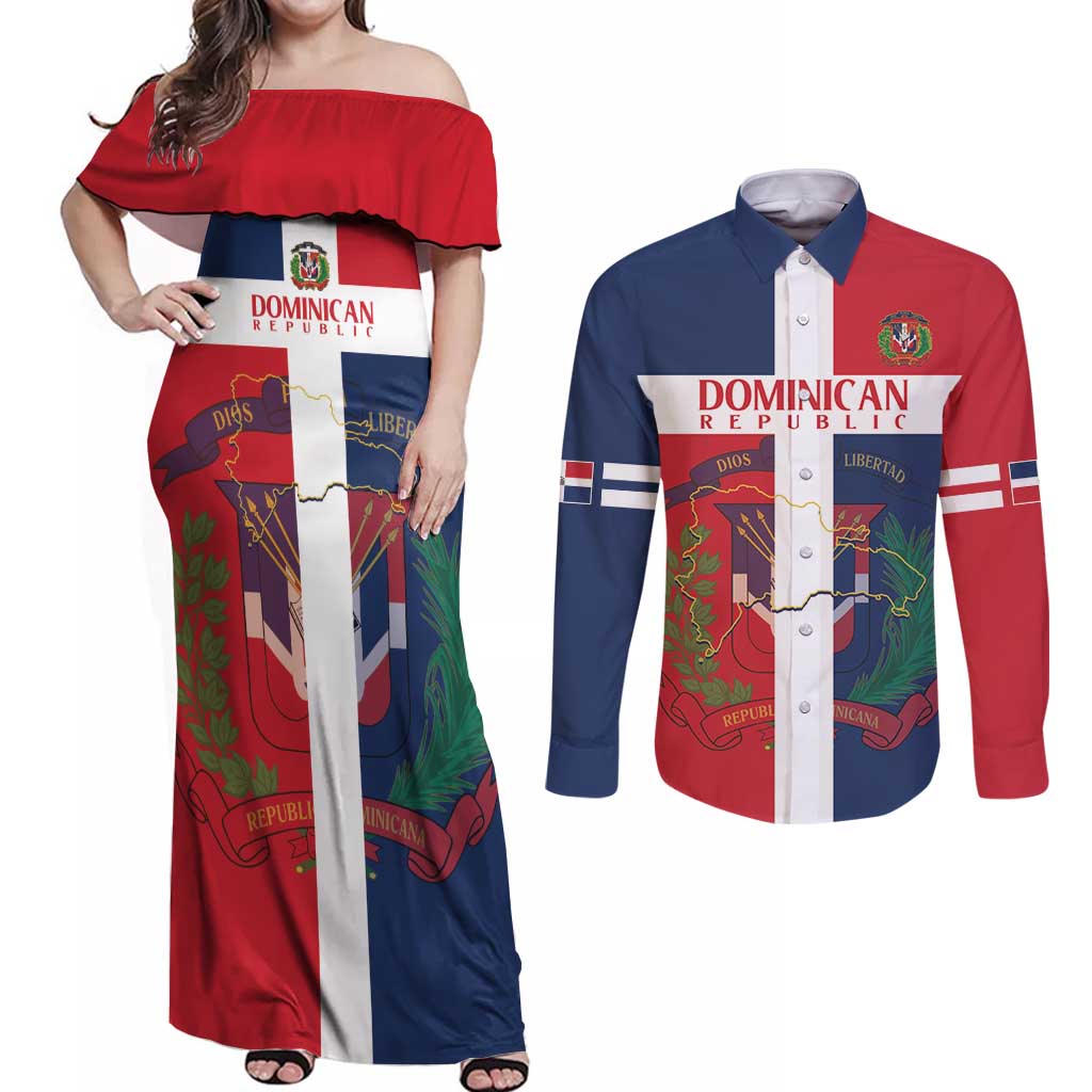 Custom Dominican Republic Football Couples Matching Off Shoulder Maxi Dress and Long Sleeve Button Shirt Go Champions Flag Style