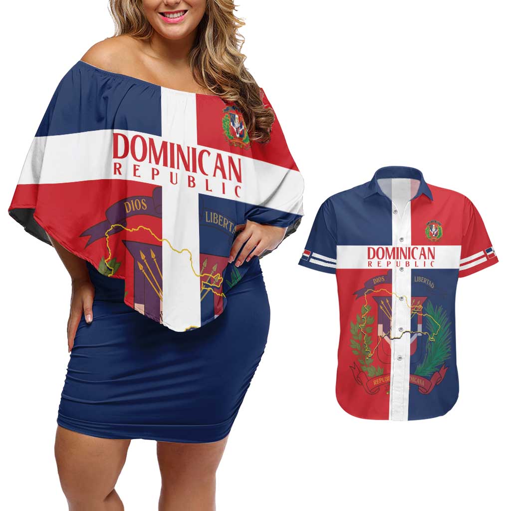 Custom Dominican Republic Football Couples Matching Off Shoulder Short Dress and Hawaiian Shirt Go Champions Flag Style