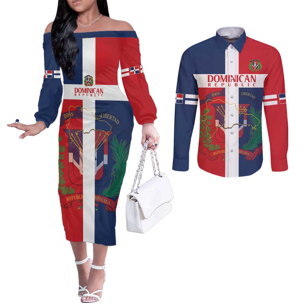 Custom Dominican Republic Football Couples Matching Off The Shoulder Long Sleeve Dress and Long Sleeve Button Shirt Go Champions Flag Style