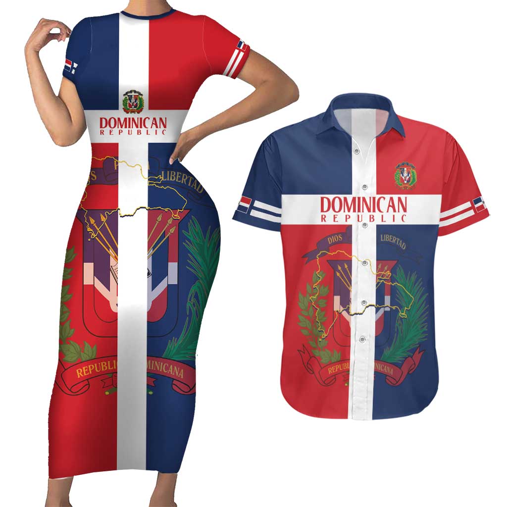 Custom Dominican Republic Football Couples Matching Short Sleeve Bodycon Dress and Hawaiian Shirt Go Champions Flag Style