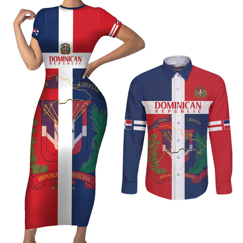 Custom Dominican Republic Football Couples Matching Short Sleeve Bodycon Dress and Long Sleeve Button Shirt Go Champions Flag Style