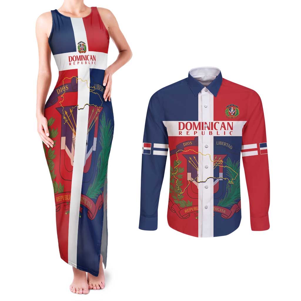 Custom Dominican Republic Football Couples Matching Tank Maxi Dress and Long Sleeve Button Shirt Go Champions Flag Style