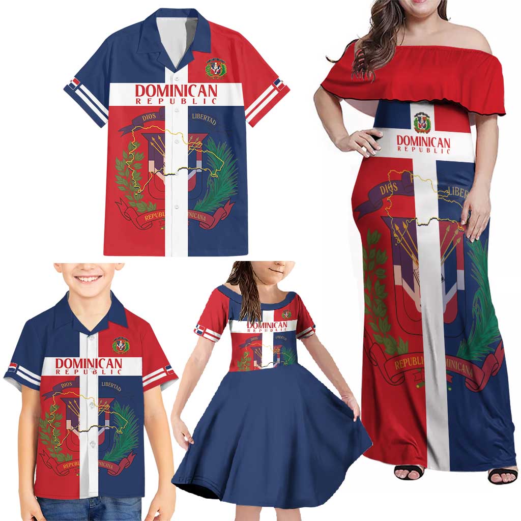 Custom Dominican Republic Football Family Matching Off Shoulder Maxi Dress and Hawaiian Shirt Go Champions Flag Style