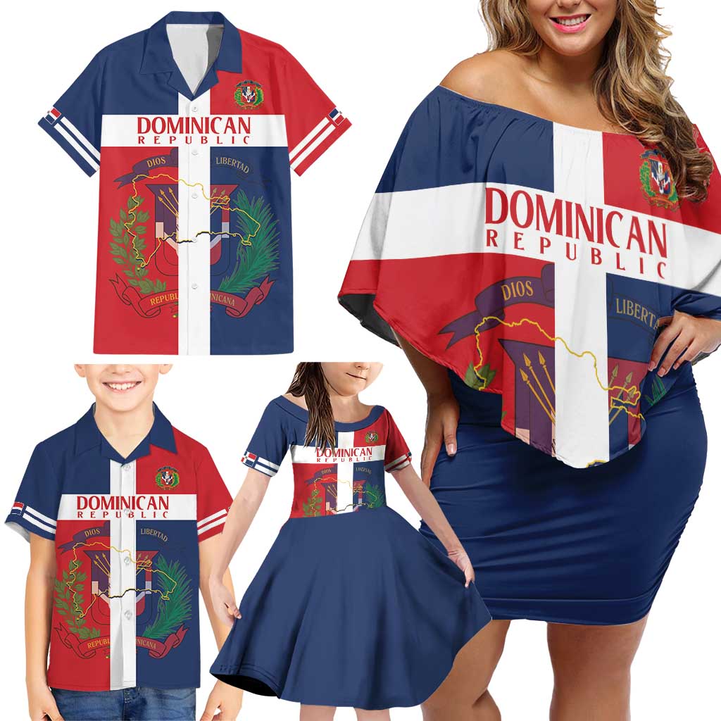 Custom Dominican Republic Football Family Matching Off Shoulder Short Dress and Hawaiian Shirt Go Champions Flag Style