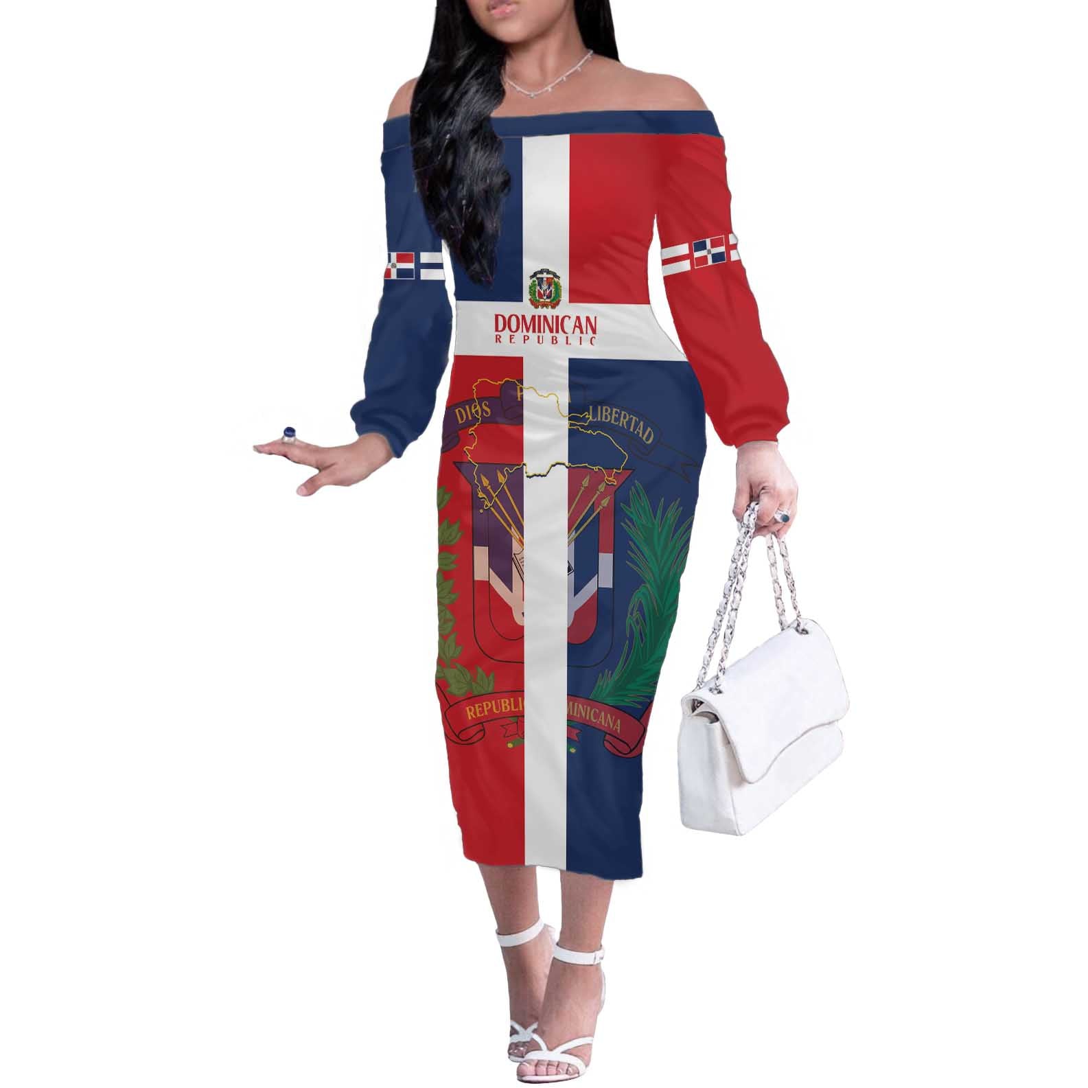 Custom Dominican Republic Football Off The Shoulder Long Sleeve Dress Go Champions Flag Style