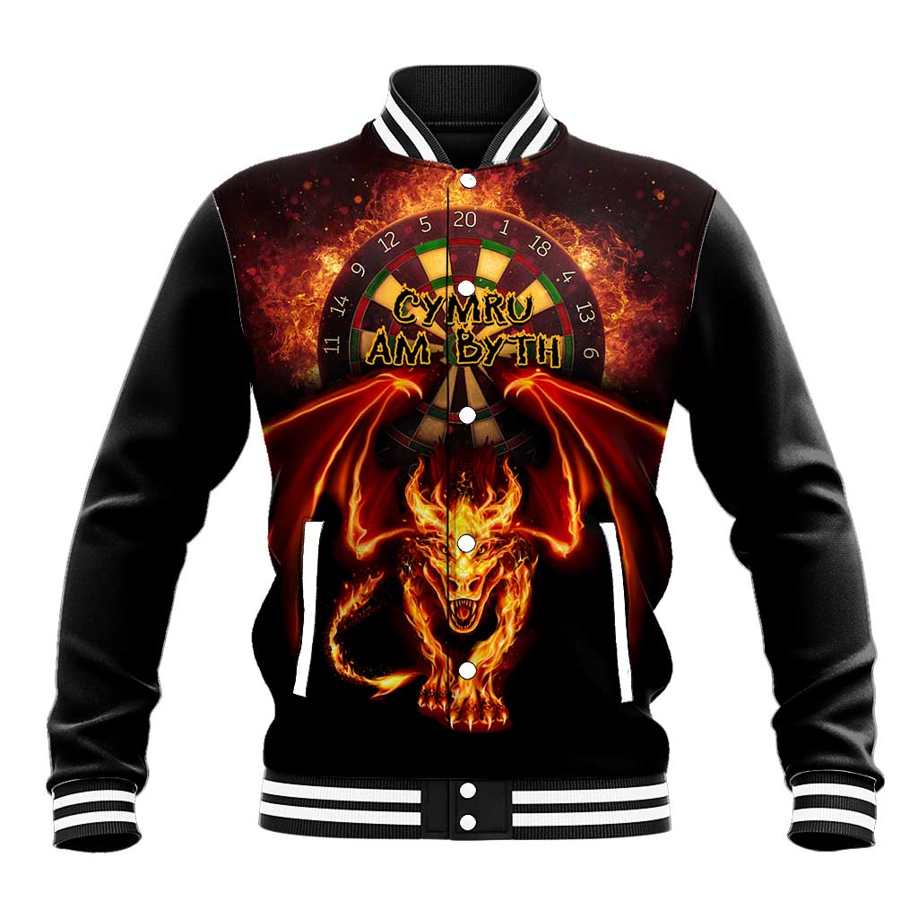 Cymru Am Byth Wales Darts Baseball Jacket Go Welsh Flame Style