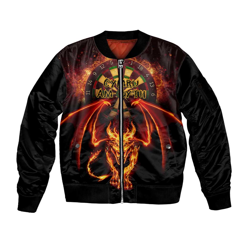 Cymru Am Byth Wales Darts Sleeve Zip Bomber Jacket Go Welsh Flame Style