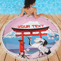 Japanese Torii Gate Cranes Personalised Beach Blanket Fuji Mount Sakura Seigaiha Pattern