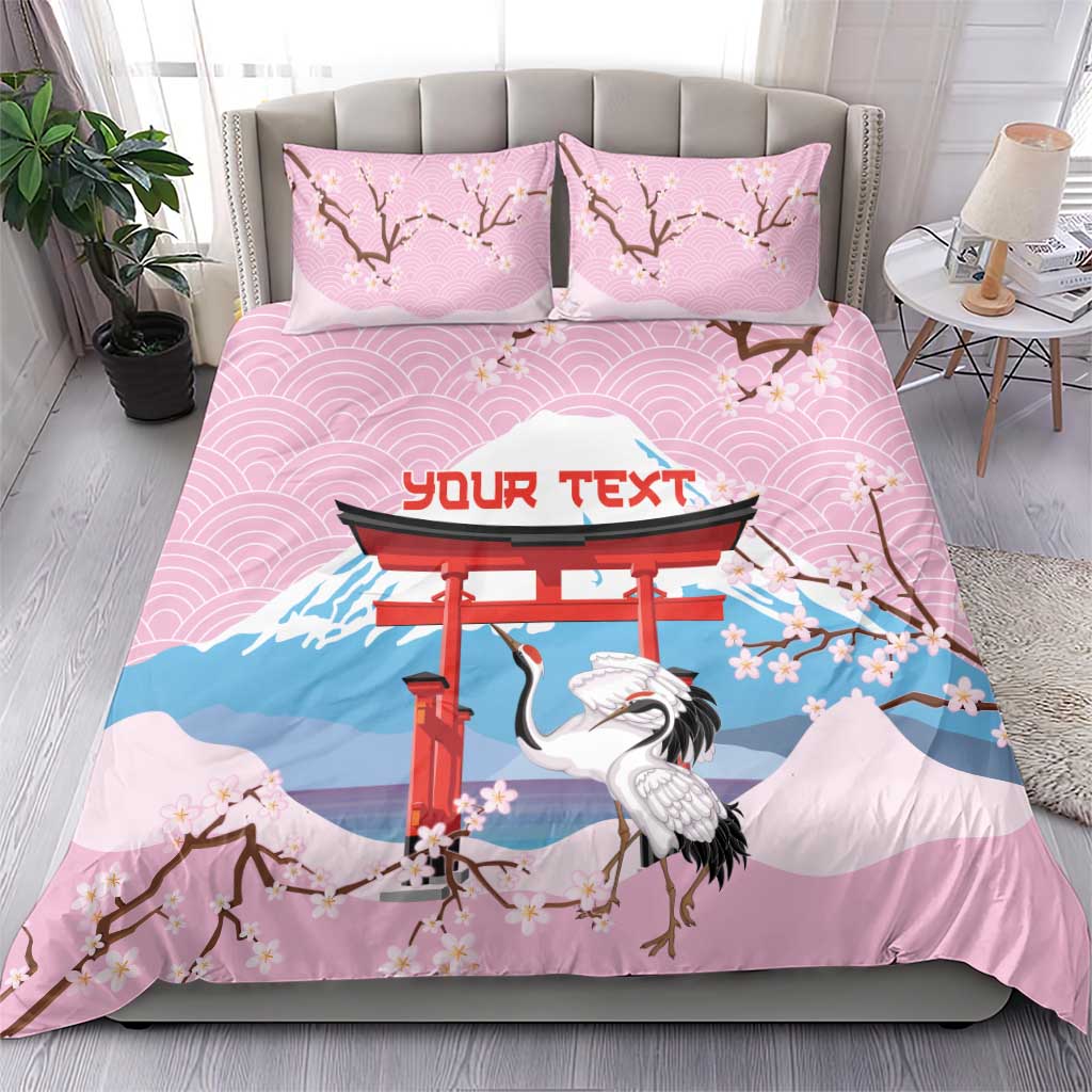 Japanese Torii Gate Cranes Personalised Bedding Set Fuji Mount Sakura Seigaiha Pattern
