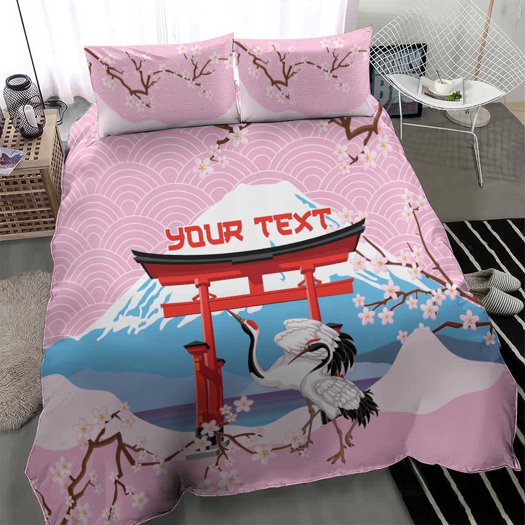 Japanese Torii Gate Cranes Personalised Bedding Set Fuji Mount Sakura Seigaiha Pattern