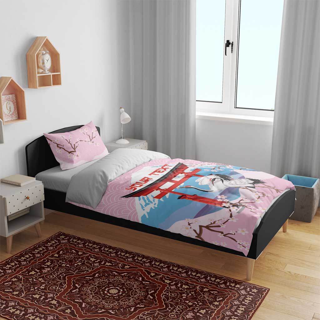 Japanese Torii Gate Cranes Personalised Bedding Set Fuji Mount Sakura Seigaiha Pattern