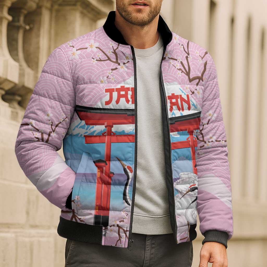Japanese Torii Gate Cranes Personalised Bomber Puffer Jacket Fuji Mount Sakura Seigaiha Pattern
