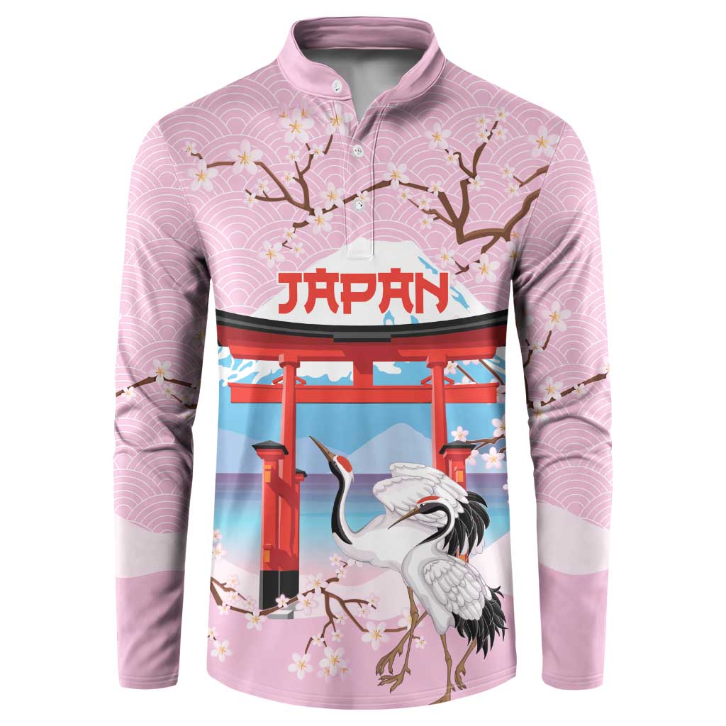 Japanese Torii Gate Cranes Personalised Button Sweatshirt Fuji Mount Sakura Seigaiha Pattern