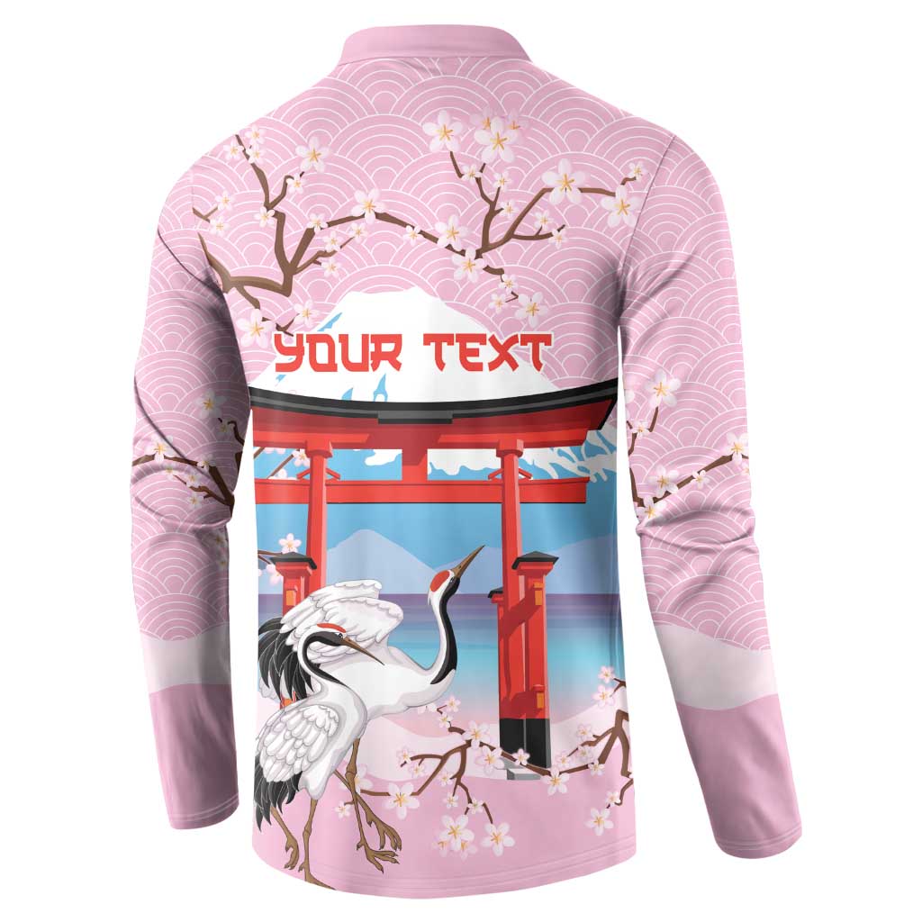 Japanese Torii Gate Cranes Personalised Button Sweatshirt Fuji Mount Sakura Seigaiha Pattern
