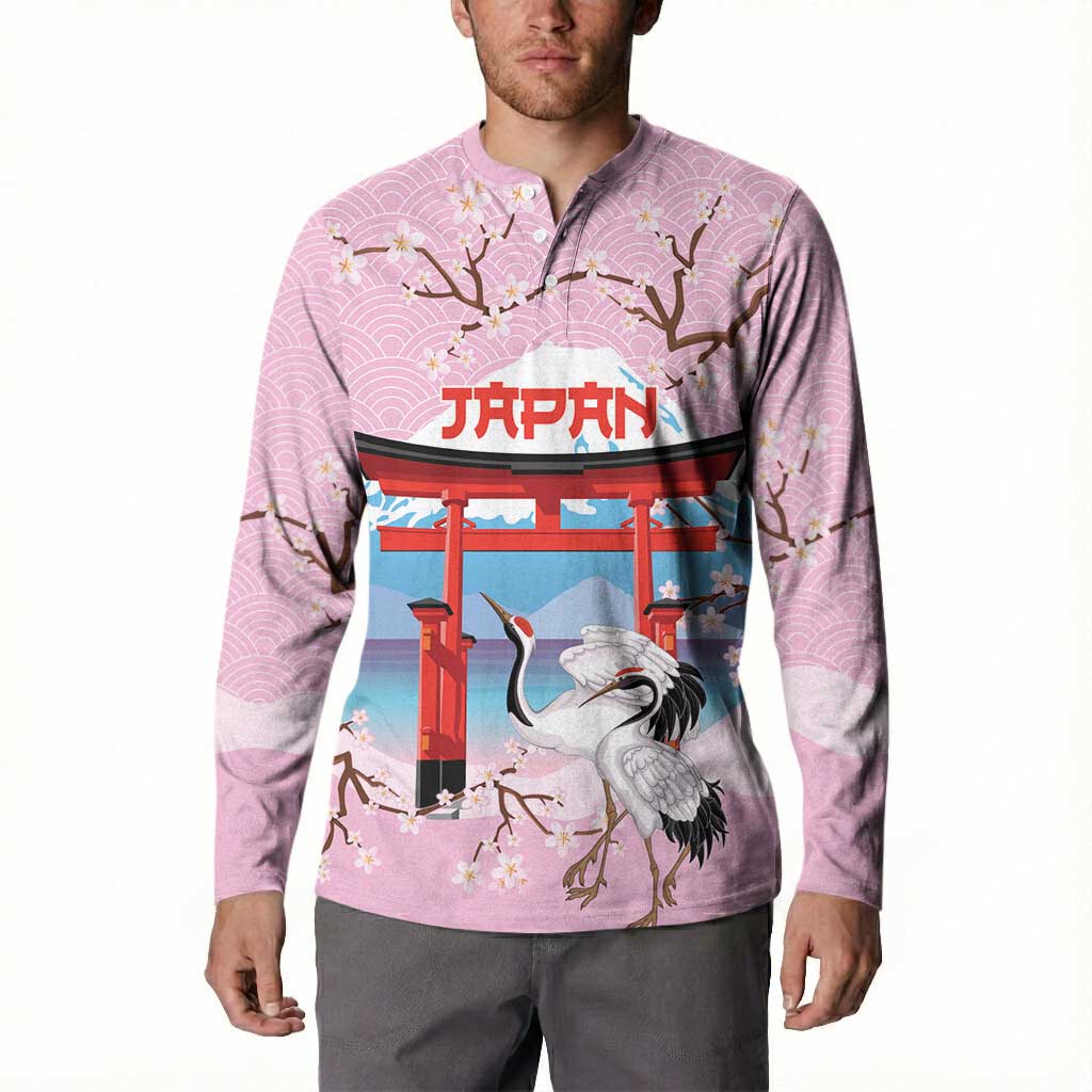 Japanese Torii Gate Cranes Personalised Button Sweatshirt Fuji Mount Sakura Seigaiha Pattern