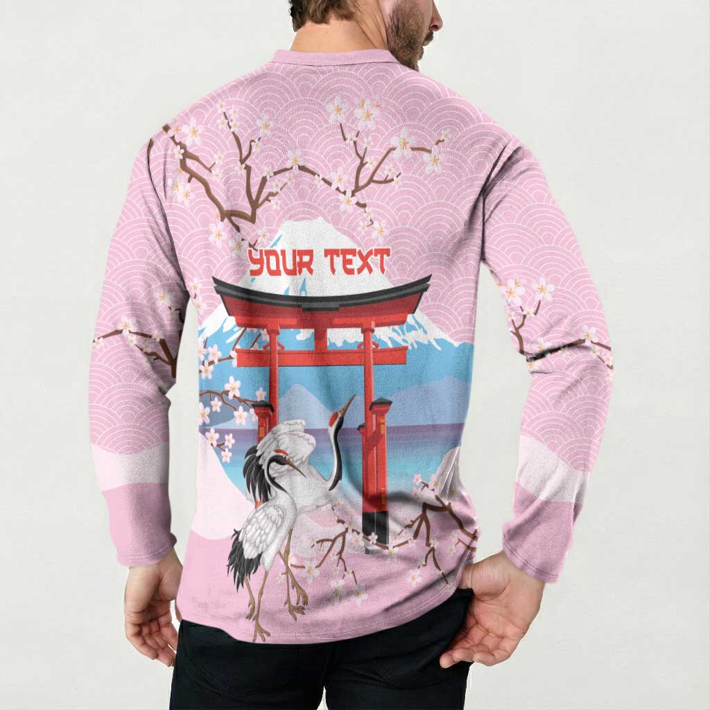 Japanese Torii Gate Cranes Personalised Button Sweatshirt Fuji Mount Sakura Seigaiha Pattern