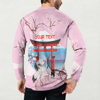 Japanese Torii Gate Cranes Personalised Button Sweatshirt Fuji Mount Sakura Seigaiha Pattern