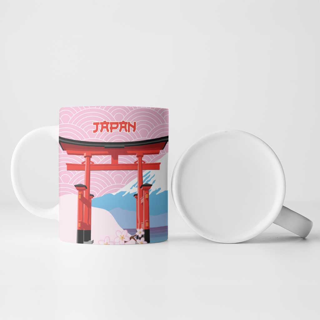 Japanese Torii Gate Cranes Personalised Ceramic Mug Fuji Mount Sakura Seigaiha Pattern