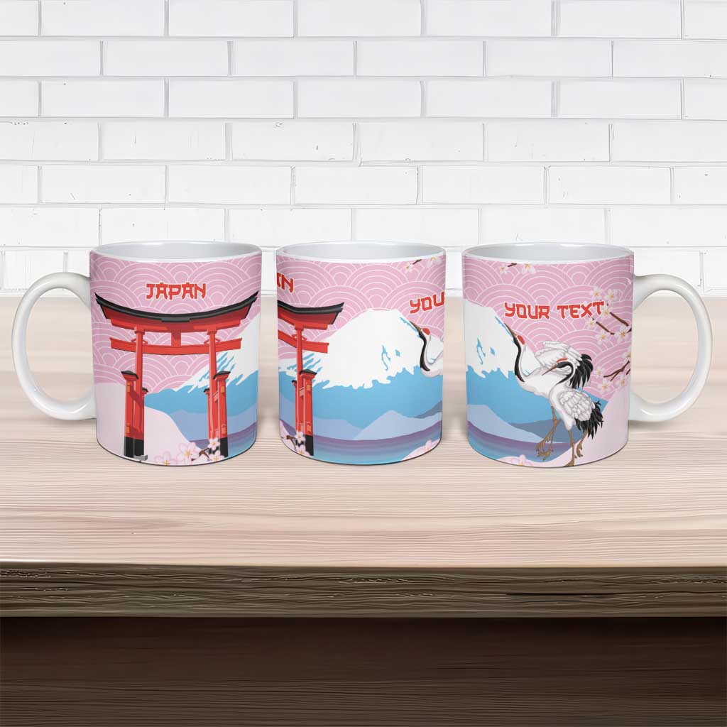 Japanese Torii Gate Cranes Personalised Ceramic Mug Fuji Mount Sakura Seigaiha Pattern