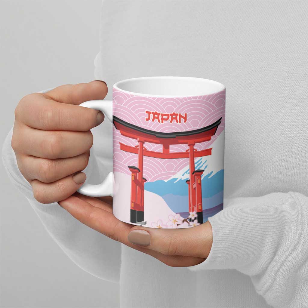 Japanese Torii Gate Cranes Personalised Ceramic Mug Fuji Mount Sakura Seigaiha Pattern