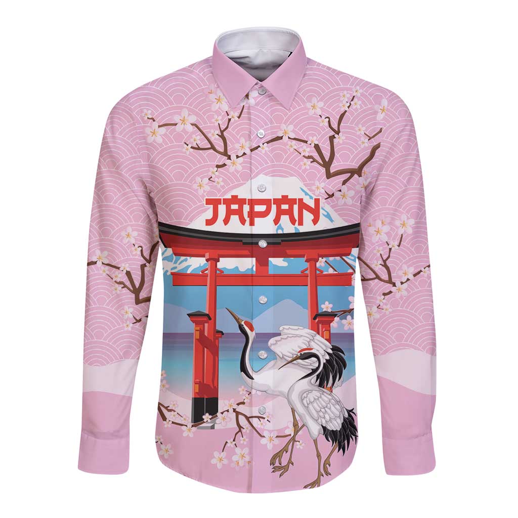 Japanese Torii Gate Cranes Personalised Long Sleeve Button Shirt Fuji Mount Sakura Seigaiha Pattern
