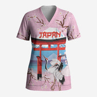 Japanese Torii Gate Cranes Personalised Scrub Top Fuji Mount Sakura Seigaiha Pattern