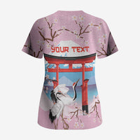 Japanese Torii Gate Cranes Personalised Scrub Top Fuji Mount Sakura Seigaiha Pattern