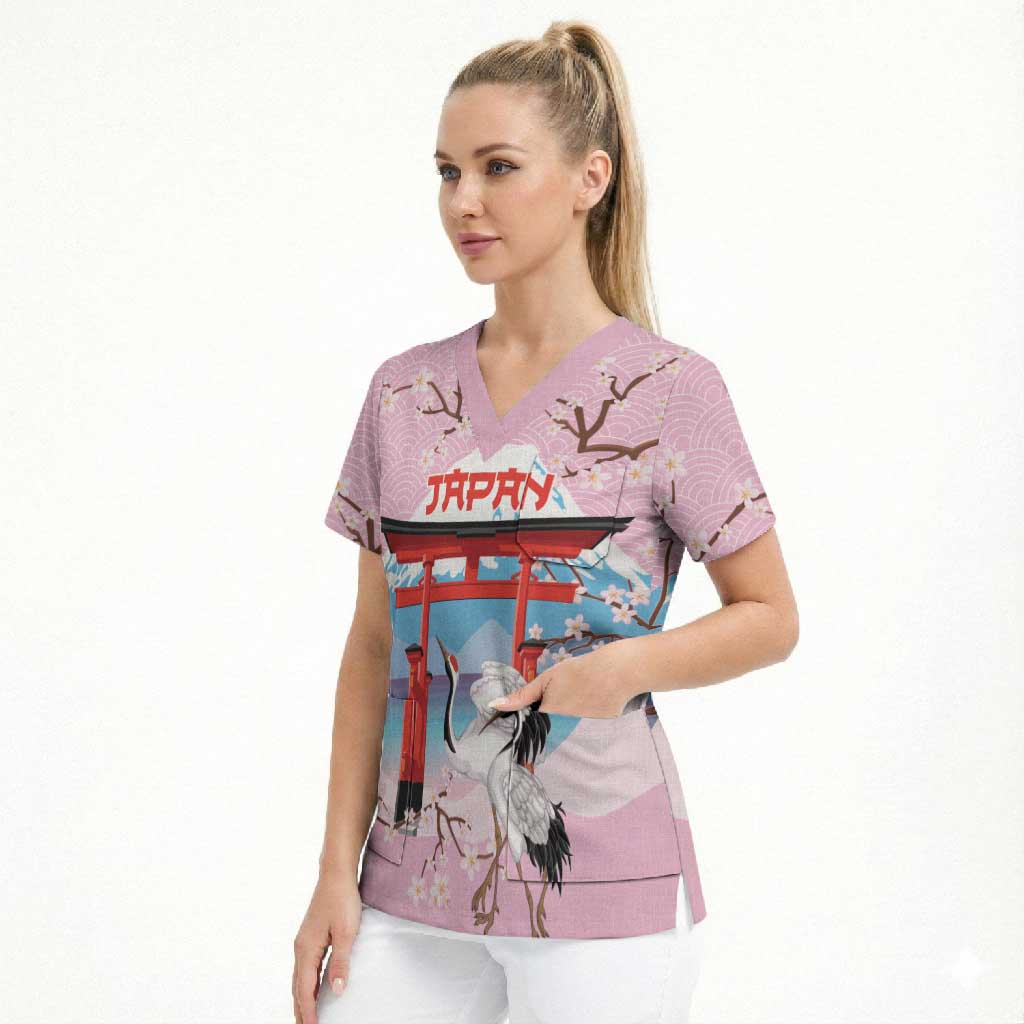 Japanese Torii Gate Cranes Personalised Scrub Top Fuji Mount Sakura Seigaiha Pattern