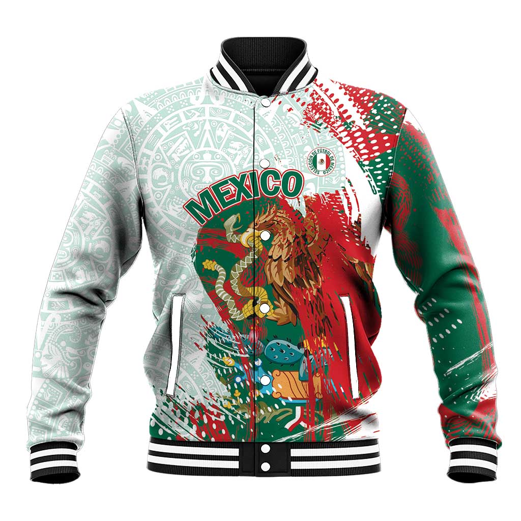 Mexico Football Custom Baseball Jacket El Tri Aztec Calendar Brush Style