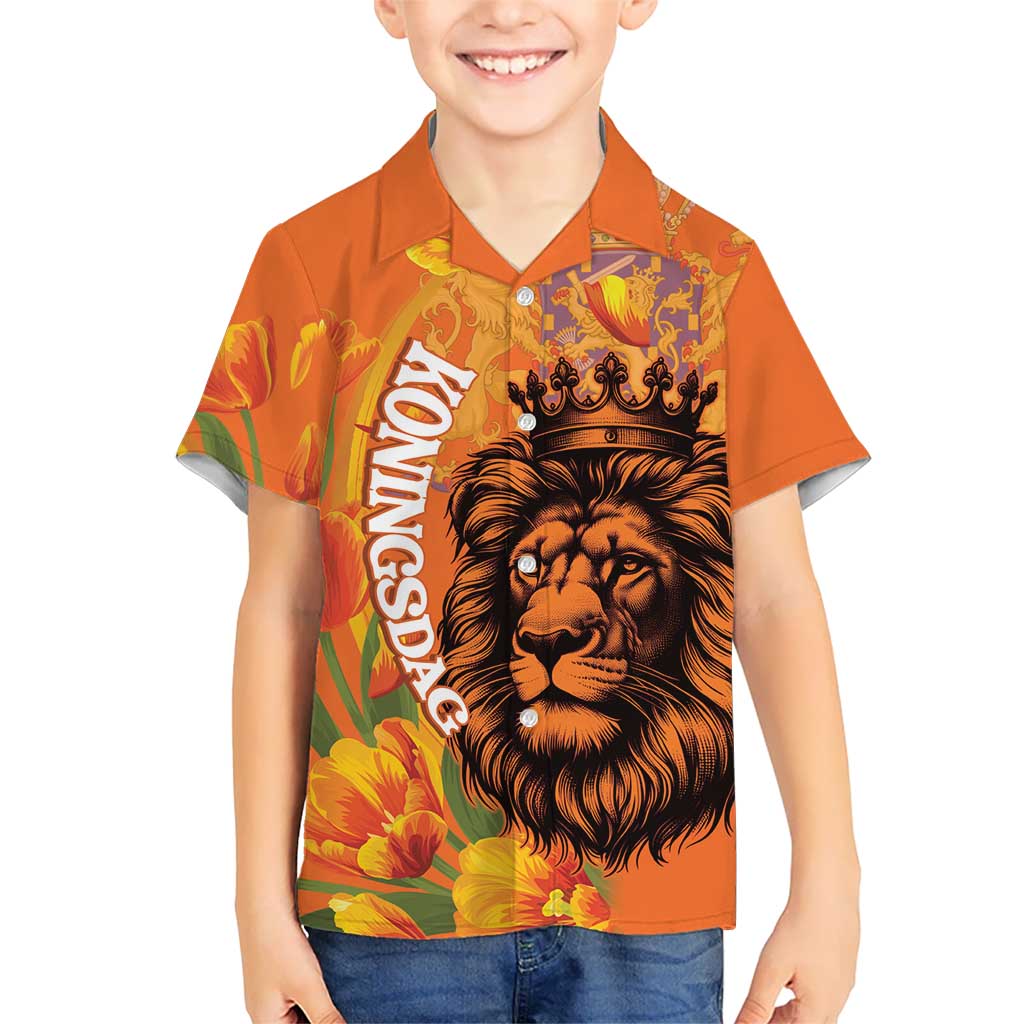 Nederland Fijne Koningsdag Kid Hawaiian Shirt Netherlands Lion With Orange Tulips