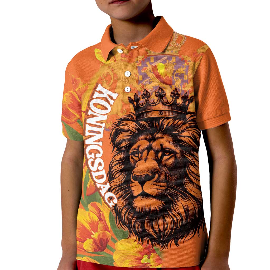 Nederland Fijne Koningsdag Kid Polo Shirt Netherlands Lion With Orange Tulips