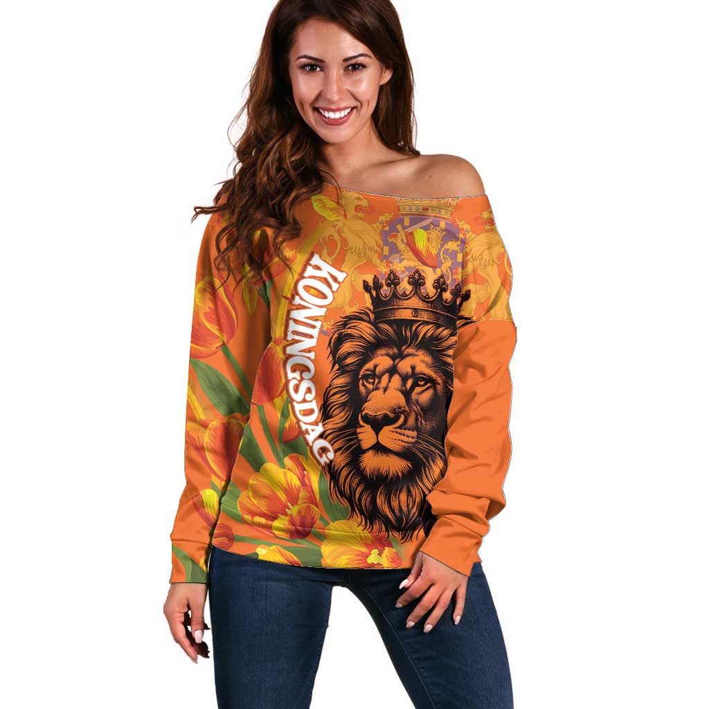 Nederland Fijne Koningsdag Off Shoulder Sweater Netherlands Lion With Orange Tulips