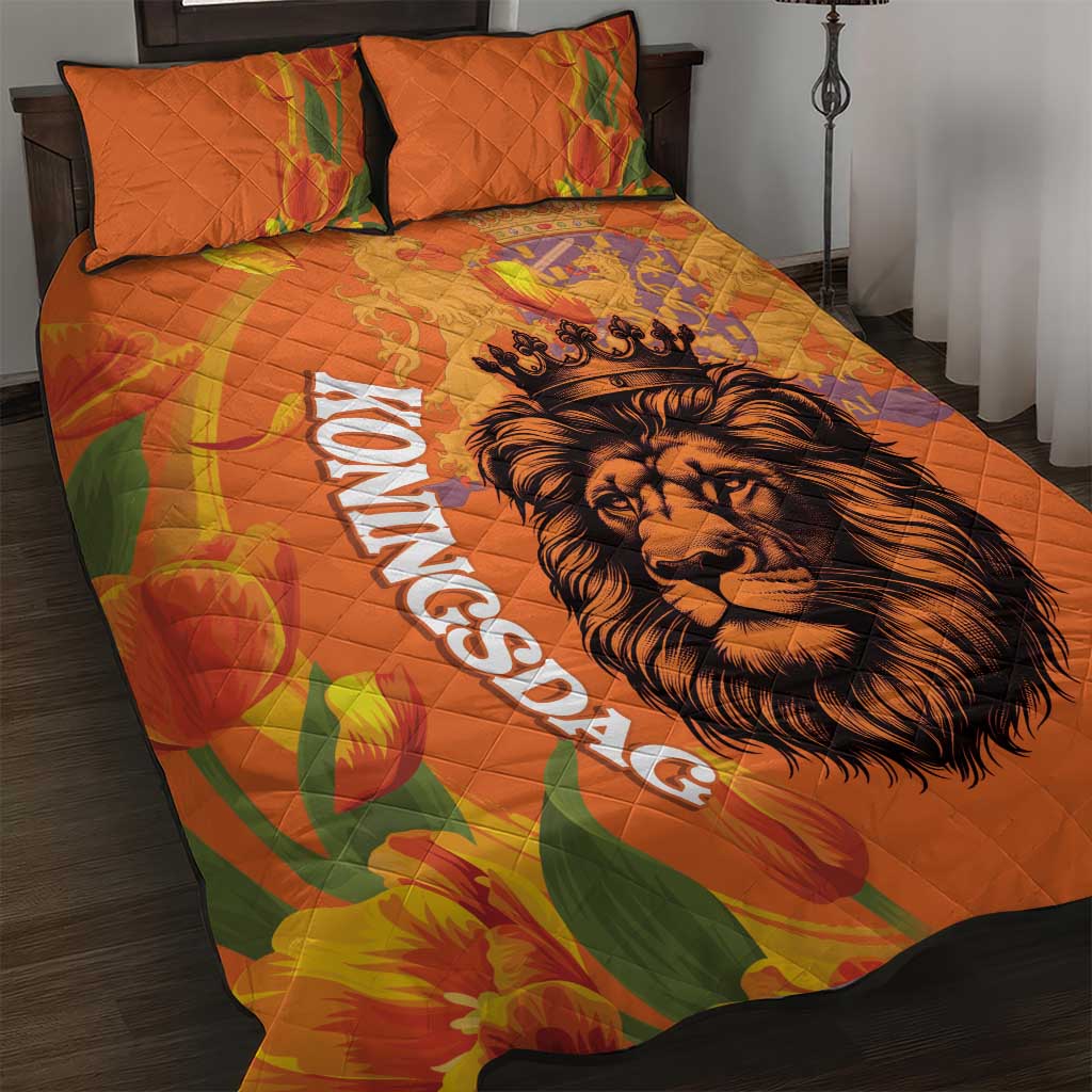 Nederland Fijne Koningsdag Quilt Bed Set Netherlands Lion With Orange Tulips