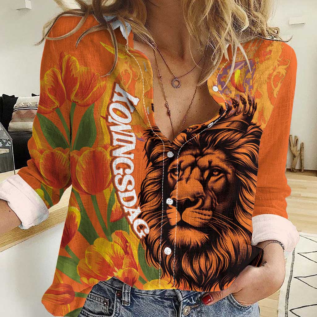 Nederland Fijne Koningsdag Women Casual Shirt Netherlands Lion With Orange Tulips