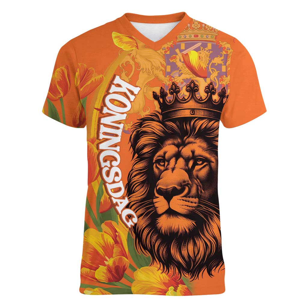 Nederland Fijne Koningsdag Women V-Neck T-Shirt Netherlands Lion With Orange Tulips