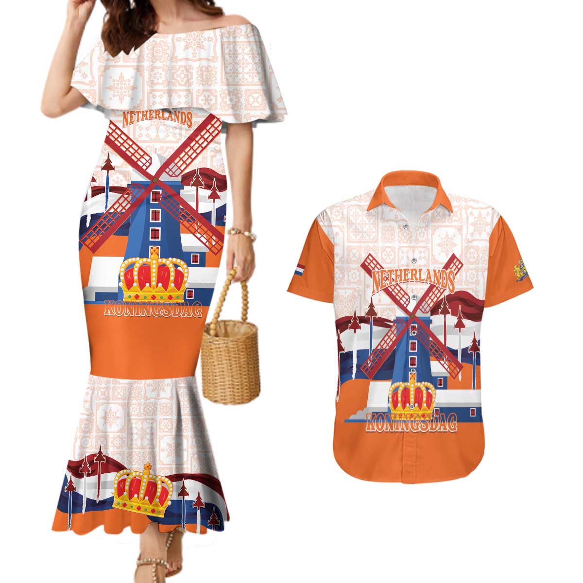 Netherlands King's Day Couples Matching Mermaid Dress and Hawaiian Shirt Windmill With Nederland Pattern