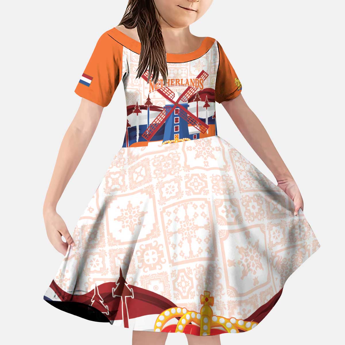 Netherlands King's Day Kid Short Sleeve Dress Windmill With Nederland Pattern