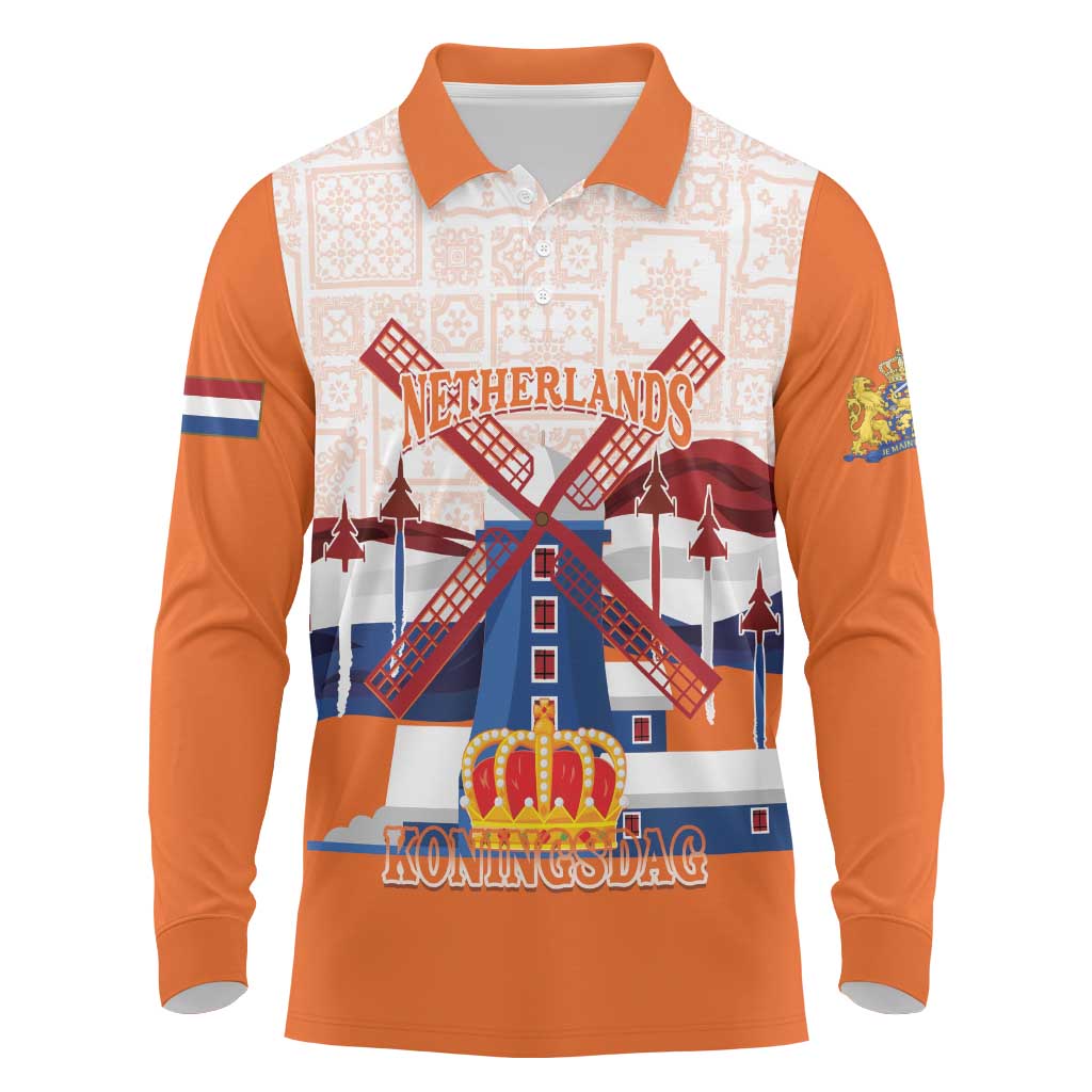 Netherlands King's Day Long Sleeve Polo Shirt Windmill With Nederland Pattern