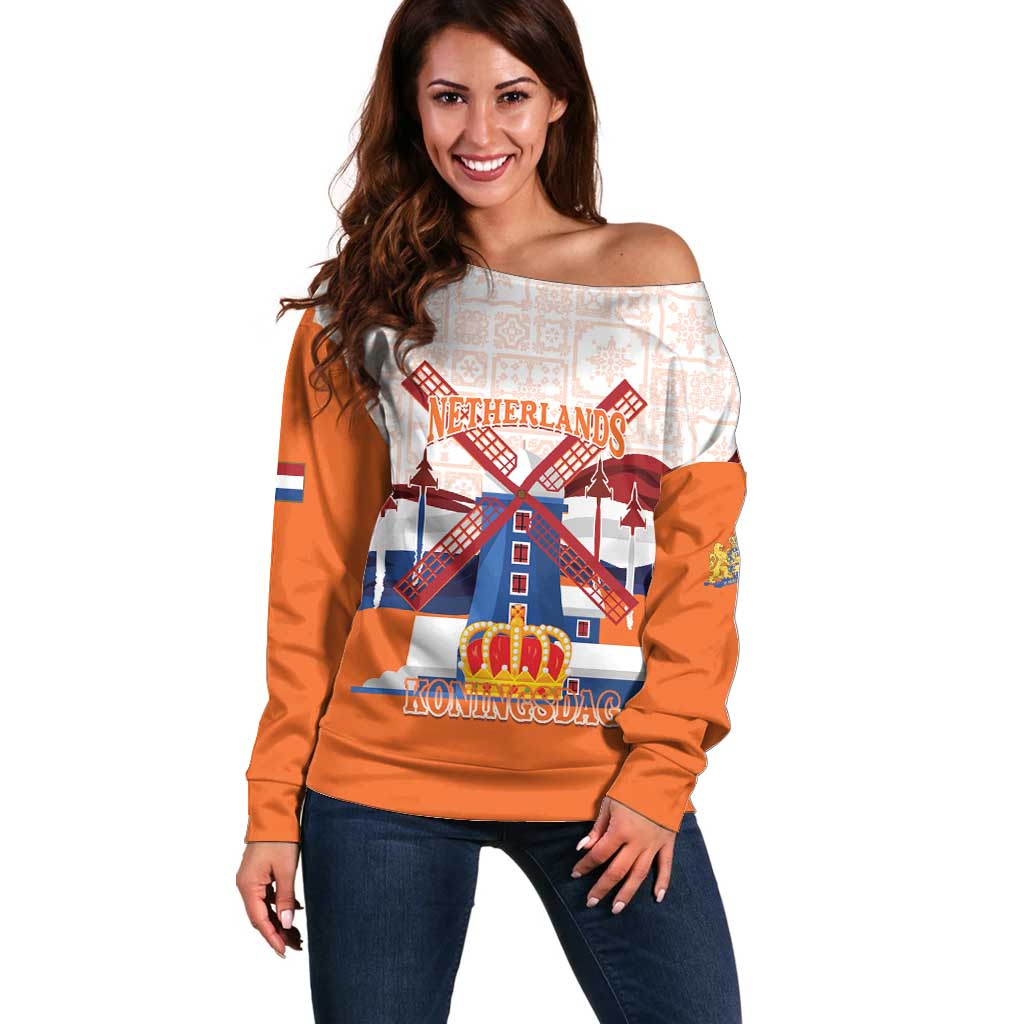 Netherlands King's Day Off Shoulder Sweater Windmill With Nederland Pattern