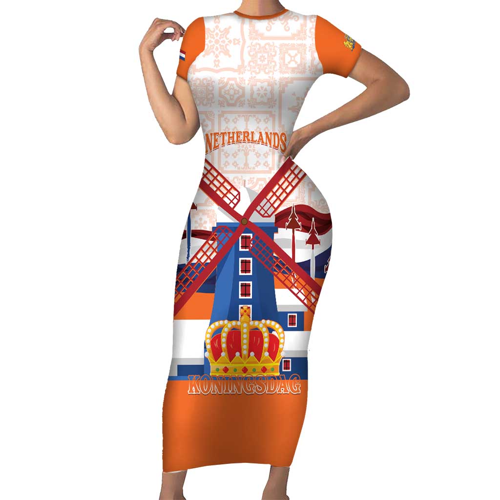 Netherlands King's Day Short Sleeve Bodycon Dress Windmill With Nederland Pattern